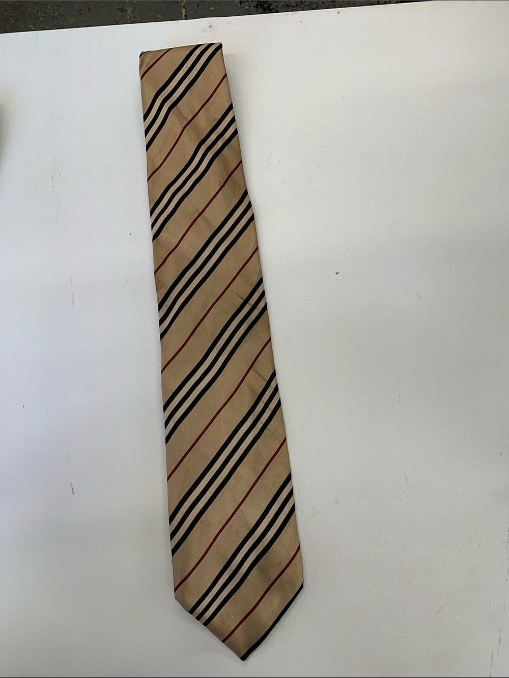 Burberry Beige Tie with Black and Red Diagonal Stripes
